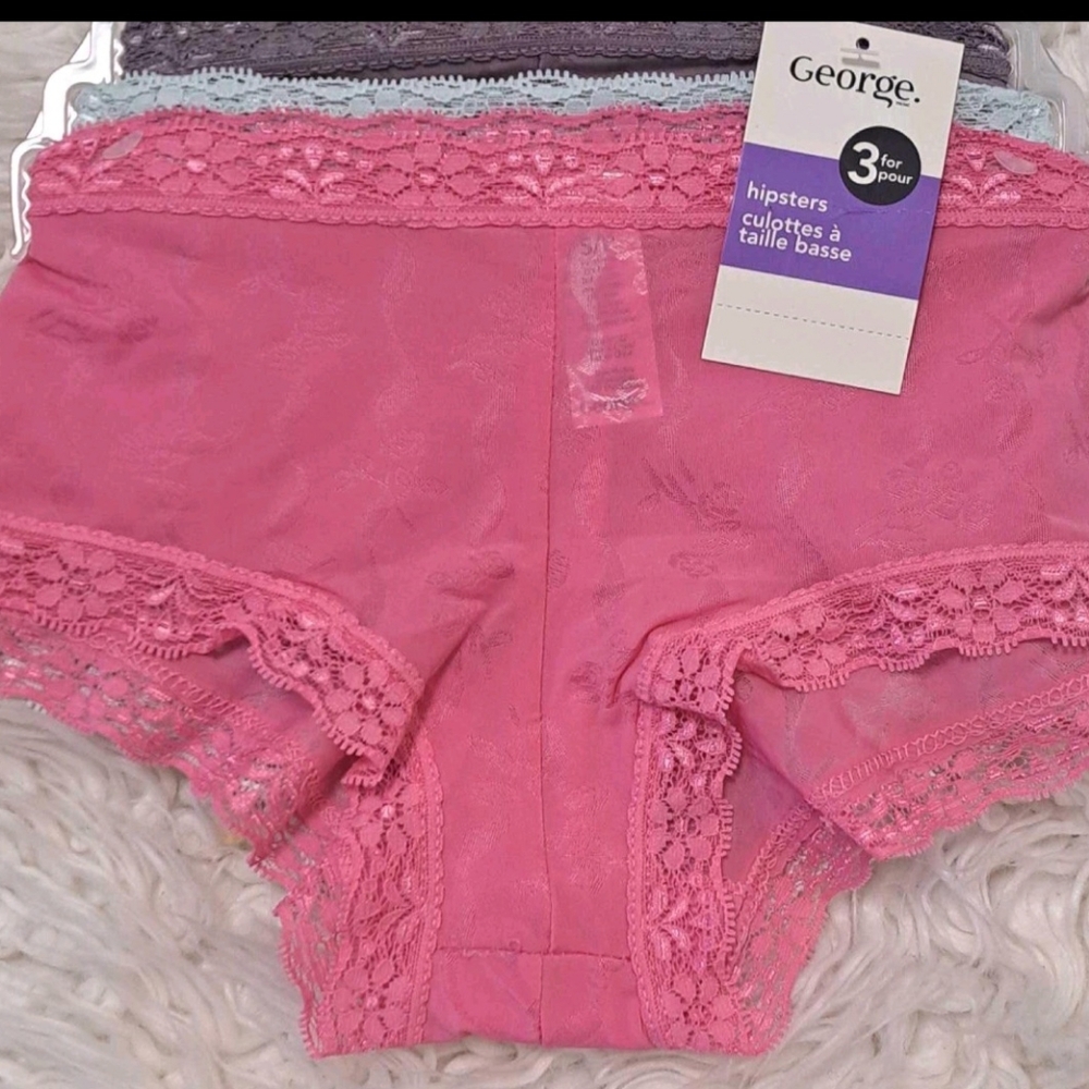 Brand New George 3 Pair Pink, Blue, Gray Lace Hipster Panties